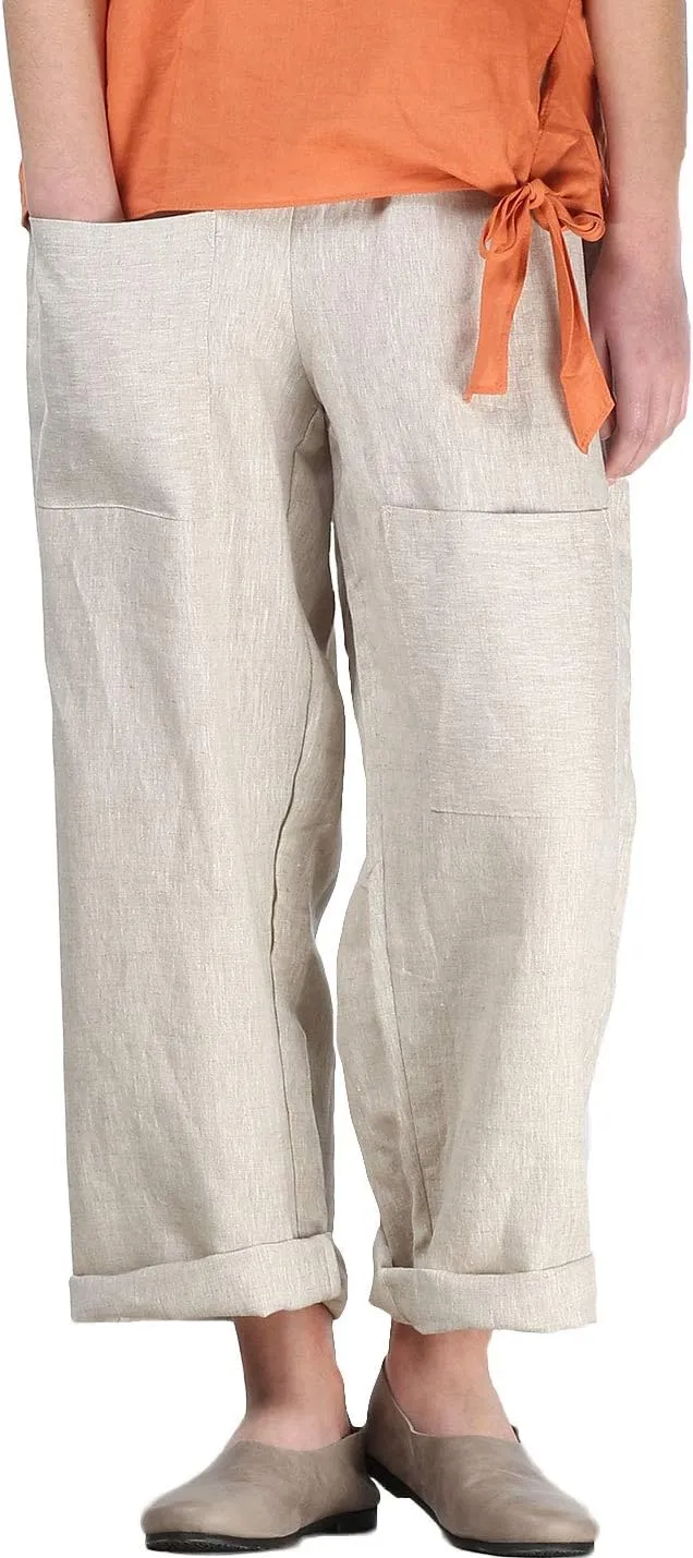 Laovanln Women's Linen Pants Summer Casual Loose Harem Pant Elastic Waist Wide Leg Baggy Trousers with Pockets
