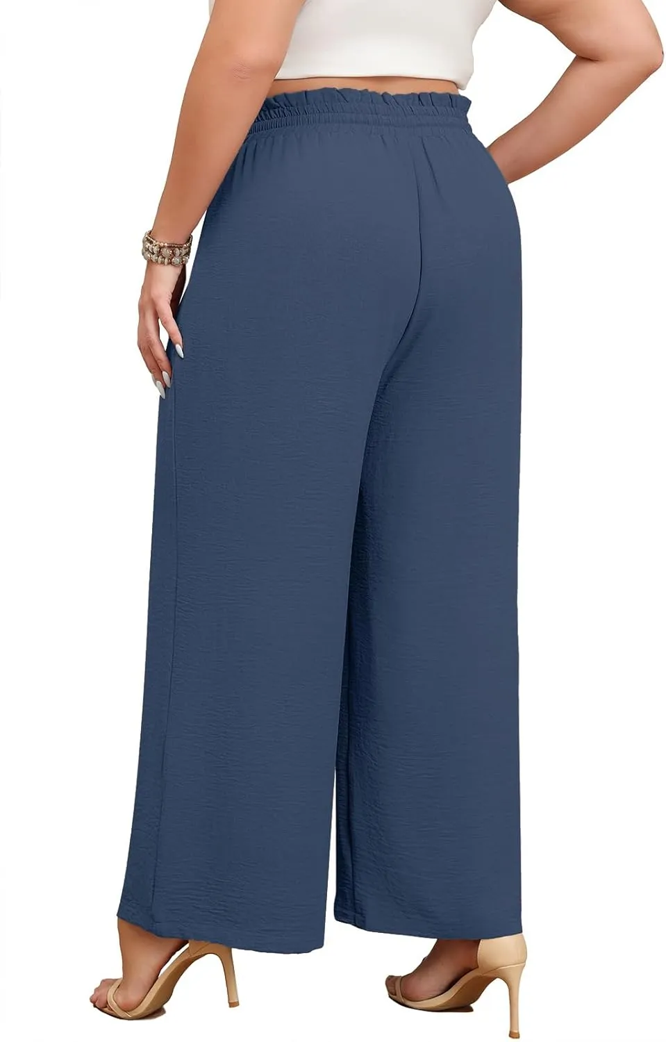Lastshe Plus Size Wide Leg Pants for Women Elastic High Waisted Drawstring Loose Lounge Long Palazzo Trousers with Pockets