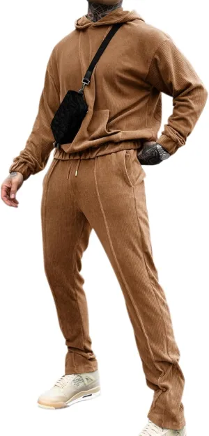 LecGee Men's 2 Piece Corduroy Hoodie and Pants Outfits Long Sleeve Causal Autumn Winter Hoodie Tracksuit Sweatsuit Set