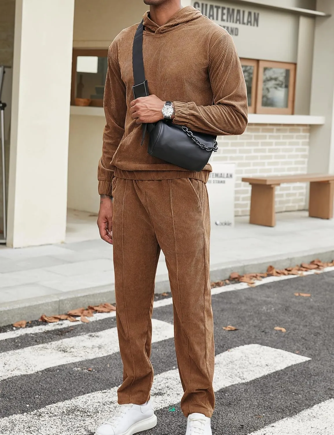 LecGee Men's 2 Piece Corduroy Hoodie and Pants Outfits Long Sleeve Causal Autumn Winter Hoodie Tracksuit Sweatsuit Set