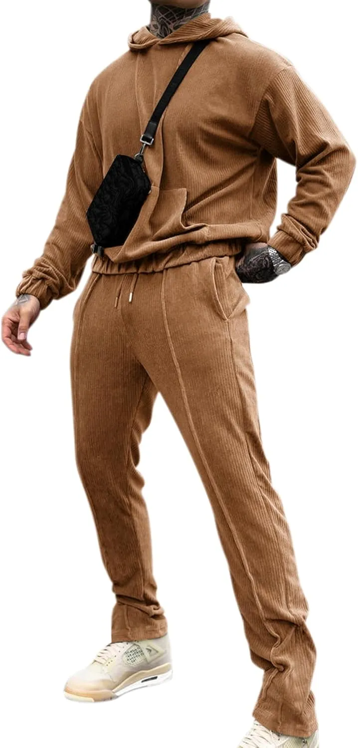 LecGee Men's 2 Piece Corduroy Hoodie and Pants Outfits Long Sleeve Causal Autumn Winter Hoodie Tracksuit Sweatsuit Set