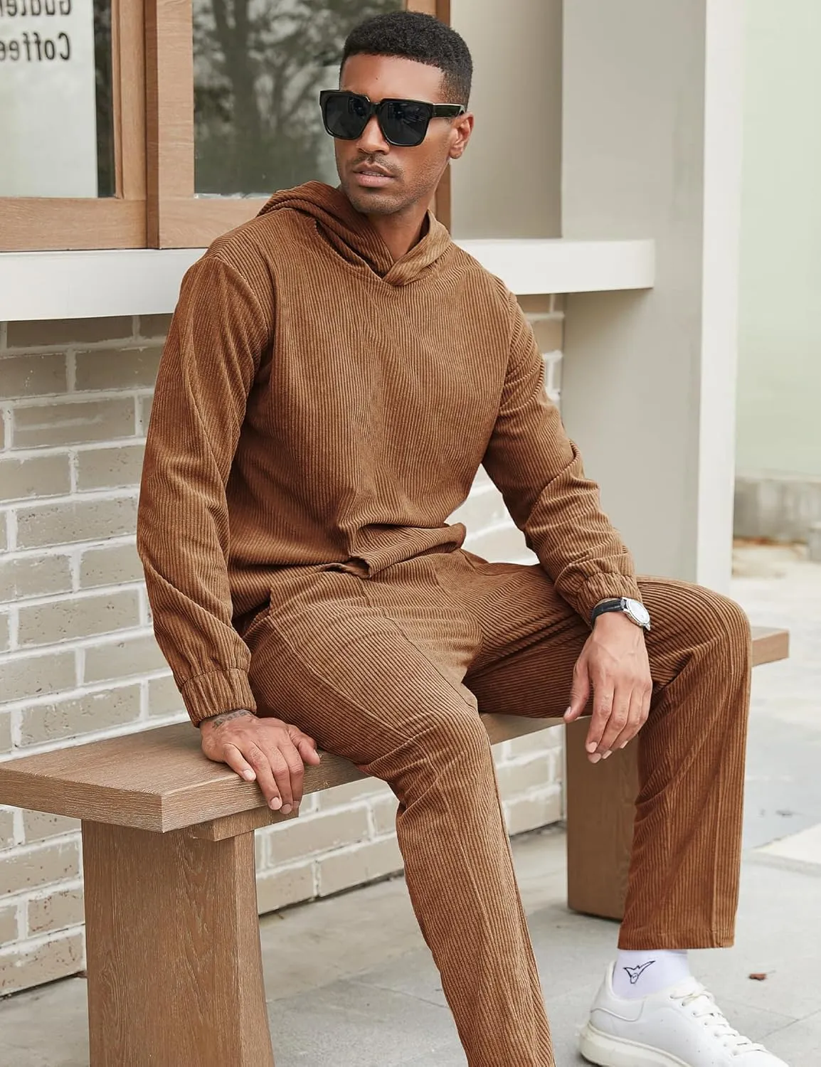 LecGee Men's 2 Piece Corduroy Hoodie and Pants Outfits Long Sleeve Causal Autumn Winter Hoodie Tracksuit Sweatsuit Set