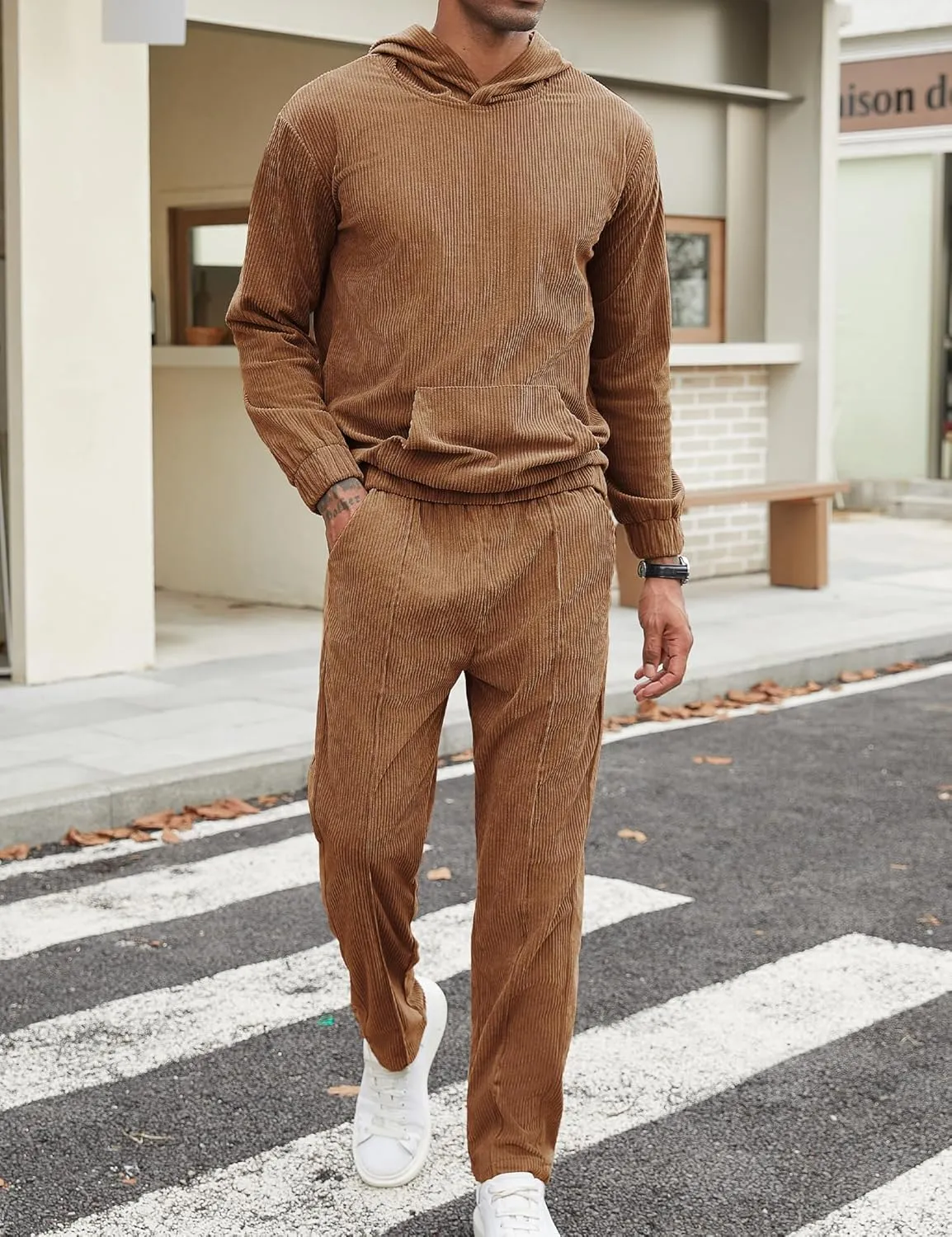 LecGee Men's 2 Piece Corduroy Hoodie and Pants Outfits Long Sleeve Causal Autumn Winter Hoodie Tracksuit Sweatsuit Set