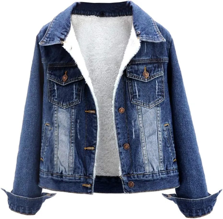 LifeShe Women's Winter Detachable Hoodie Sherpa Fur Fleece Lined Denim Jean Trucker Jacket Coat