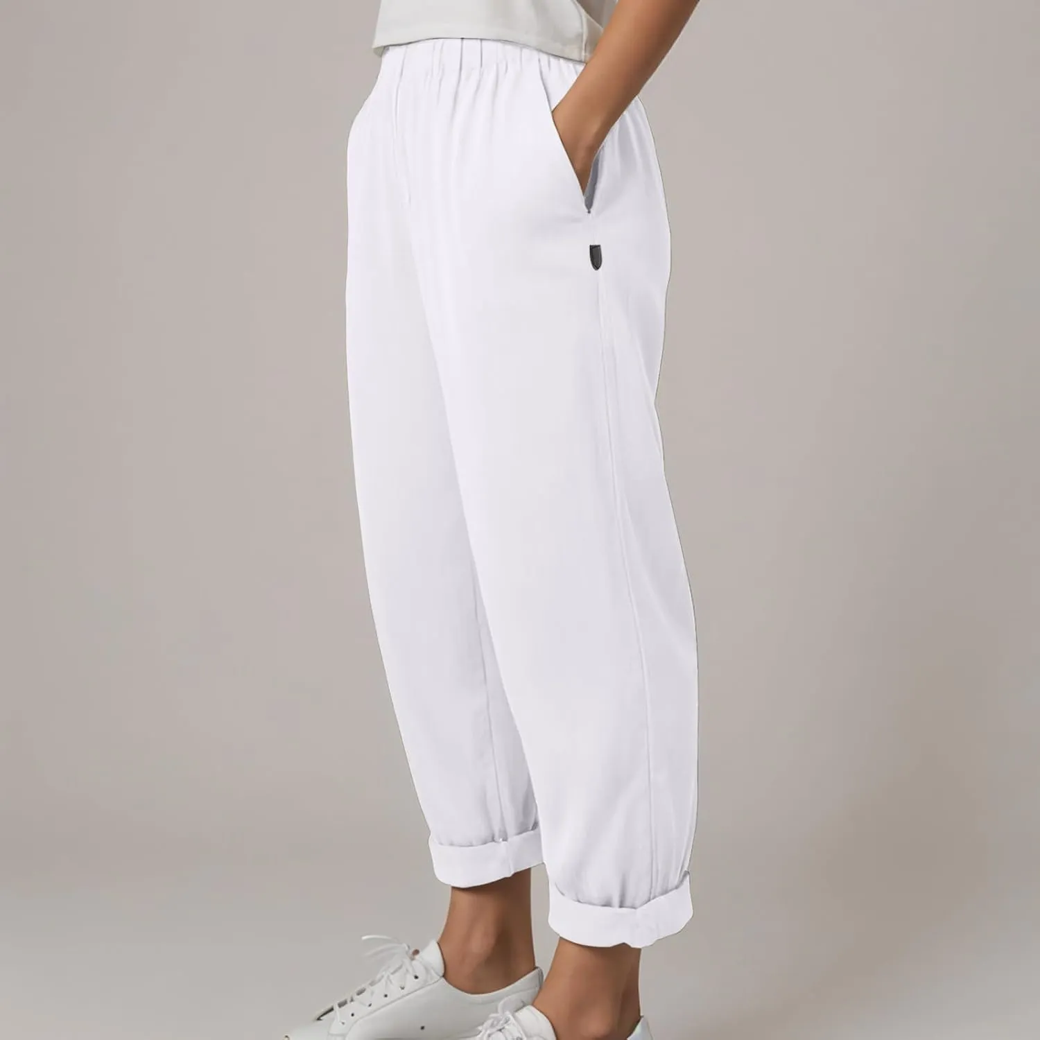 Linen Clothing for Women Casual Pants Summer Straight Wide Leg Loose Pants Elastic Waist Cropped Trouser