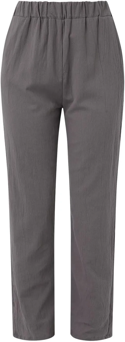 Linen Clothing for Women Casual Pants Summer Straight Wide Leg Loose Pants Elastic Waist Cropped Trouser