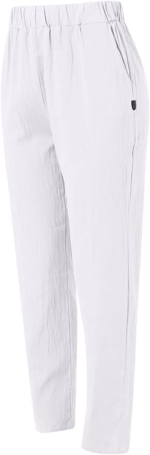 Linen Clothing for Women Casual Pants Summer Straight Wide Leg Loose Pants Elastic Waist Cropped Trouser