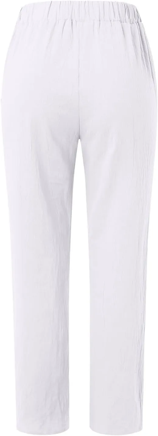Linen Clothing for Women Casual Pants Summer Straight Wide Leg Loose Pants Elastic Waist Cropped Trouser