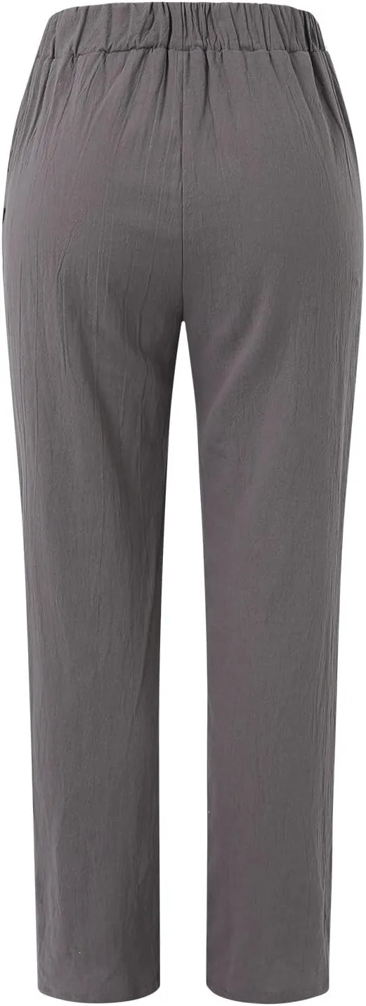 Linen Clothing for Women Casual Pants Summer Straight Wide Leg Loose Pants Elastic Waist Cropped Trouser