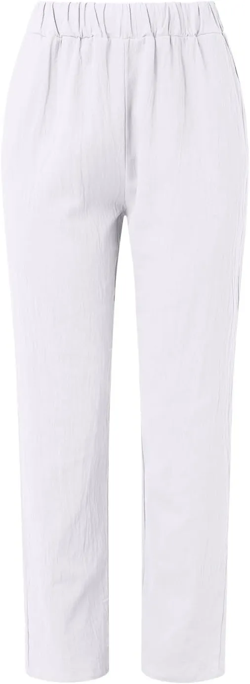 Linen Clothing for Women Casual Pants Summer Straight Wide Leg Loose Pants Elastic Waist Cropped Trouser