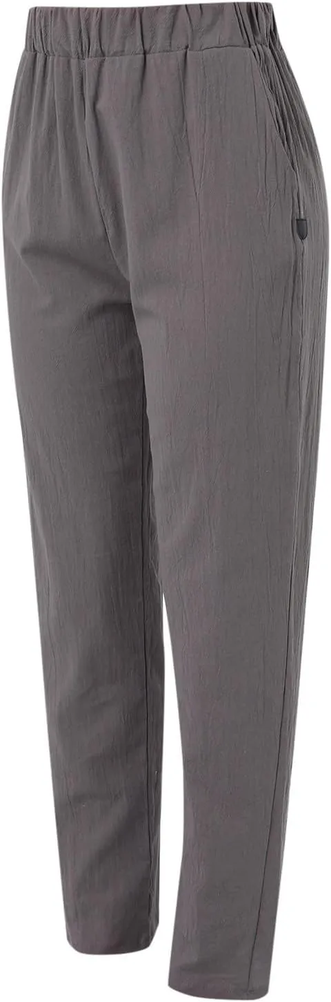 Linen Clothing for Women Casual Pants Summer Straight Wide Leg Loose Pants Elastic Waist Cropped Trouser
