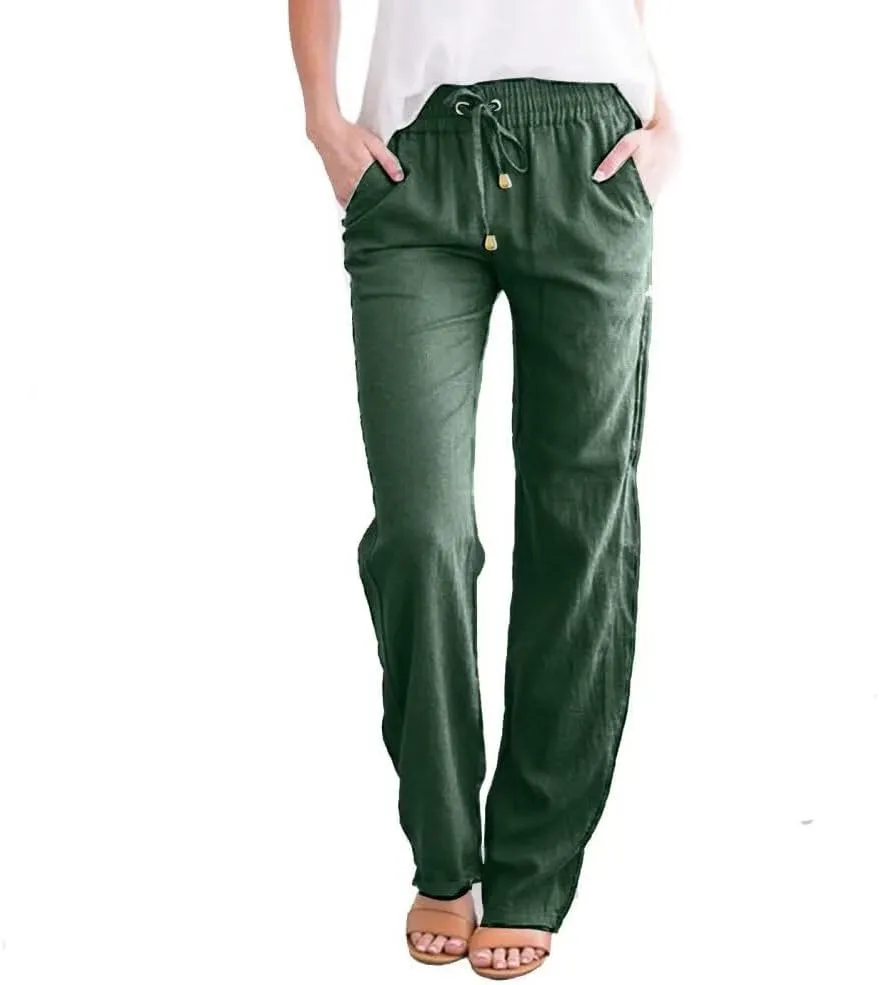 Linen Pants Women Summer 2025 Casual Beach Pants Elastic Waist Wide Leg Loose Long Length Trousers