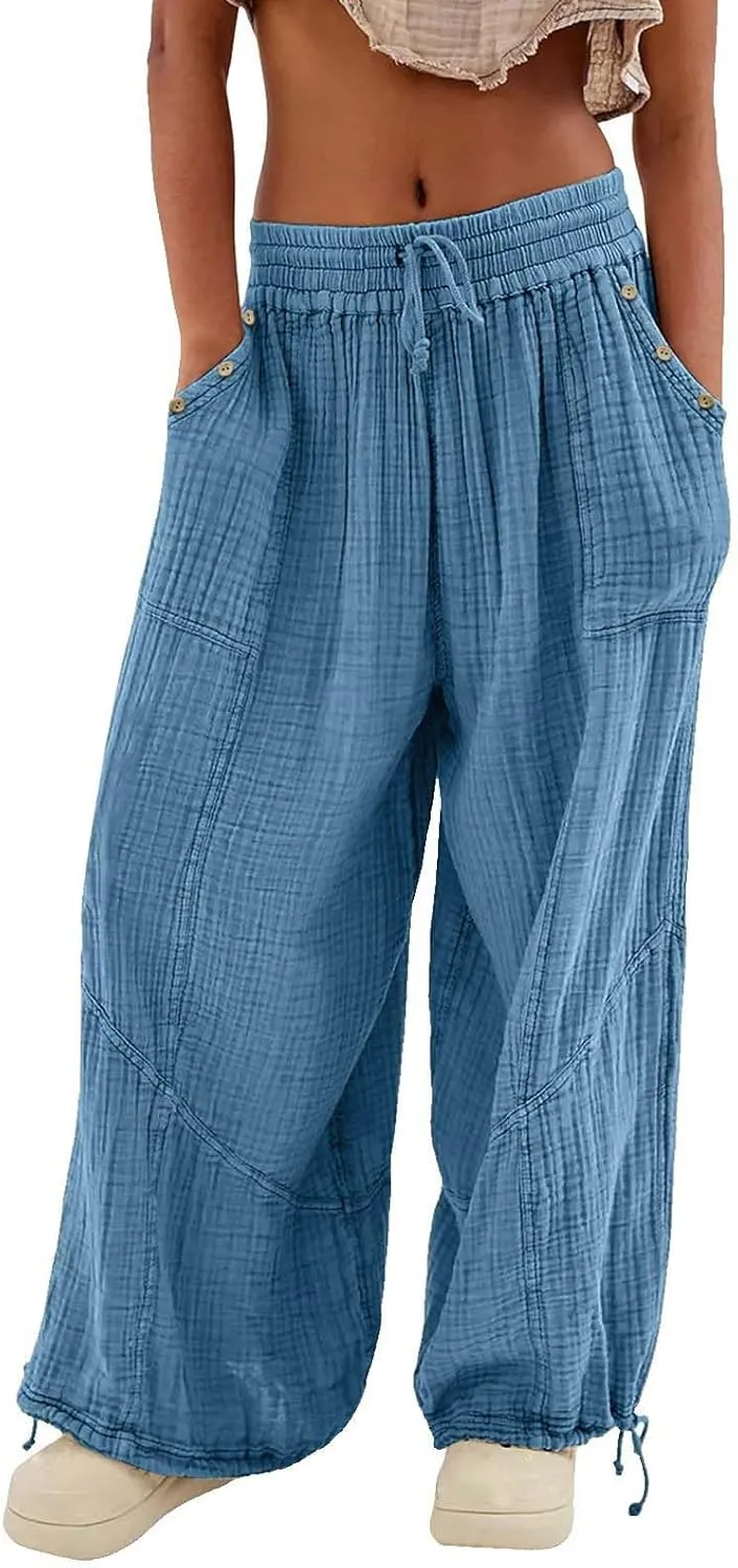 Litetao Linen Pants Women Summer Short Womens Casual Elastic Drawstring Pants Straight Trousers with Pockets Cargo Pants