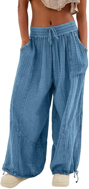 Litetao Linen Pants Women Summer Short Womens Casual Elastic Drawstring Pants Straight Trousers with Pockets Cargo Pants