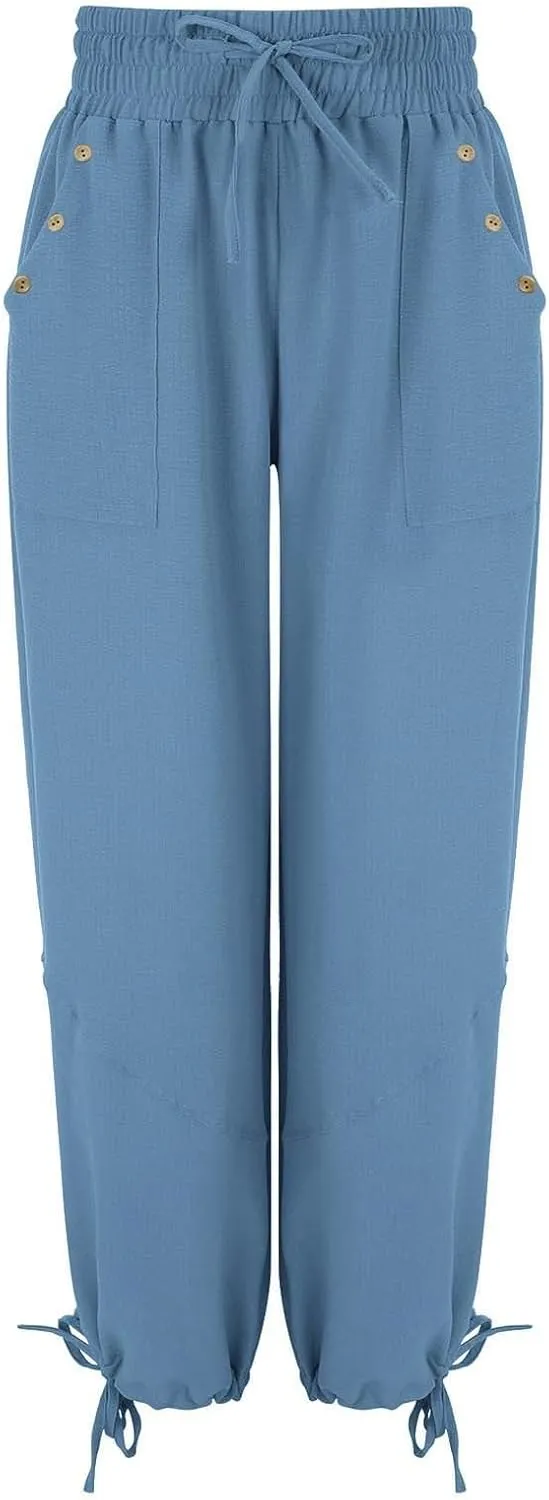 Litetao Linen Pants Women Summer Short Womens Casual Elastic Drawstring Pants Straight Trousers with Pockets Cargo Pants