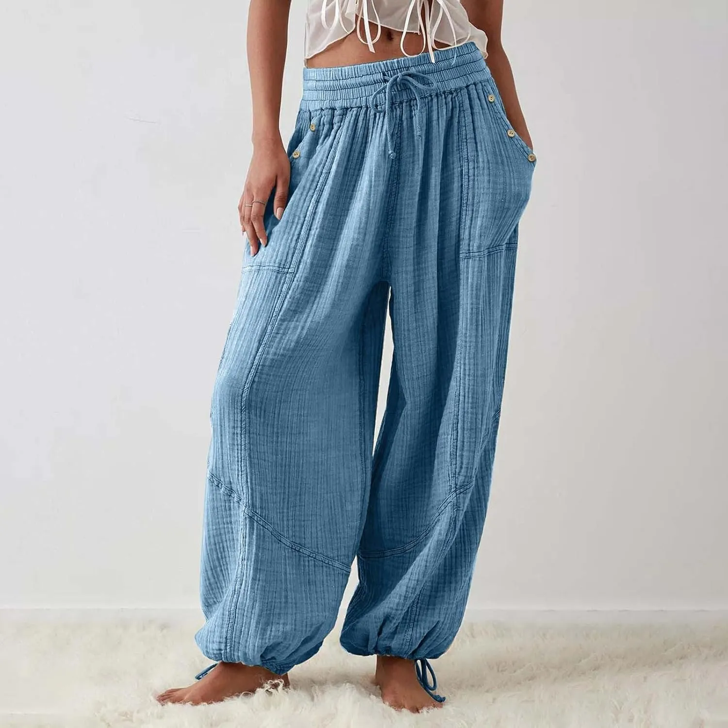 Litetao Linen Pants Women Summer Short Womens Casual Elastic Drawstring Pants Straight Trousers with Pockets Cargo Pants