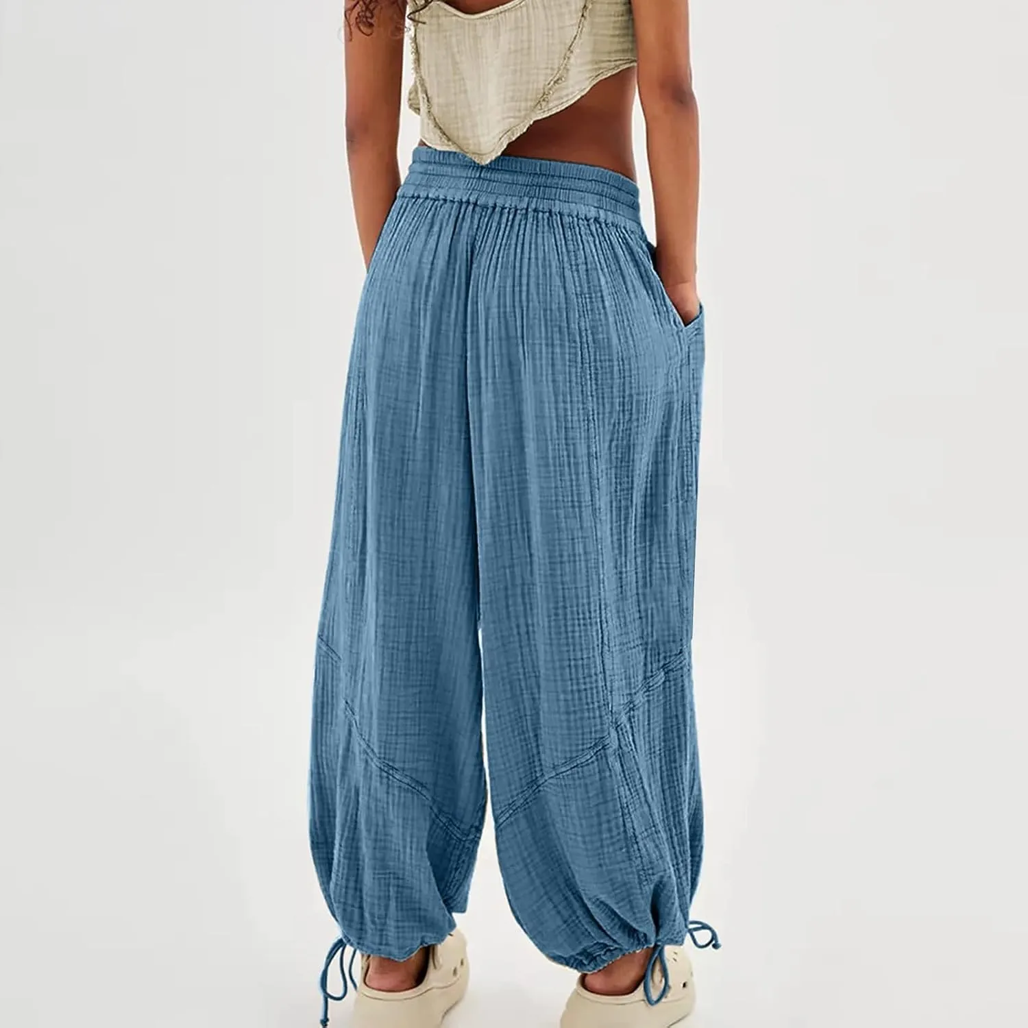 Litetao Linen Pants Women Summer Short Womens Casual Elastic Drawstring Pants Straight Trousers with Pockets Cargo Pants