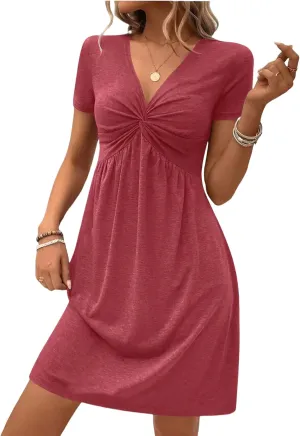 LLHXRUI Women's Twist Front V Neck Ruffle Casual Summer Dress Sexy Elegant Sleeveless Club Party Tunic Bodycon Mini Dresses