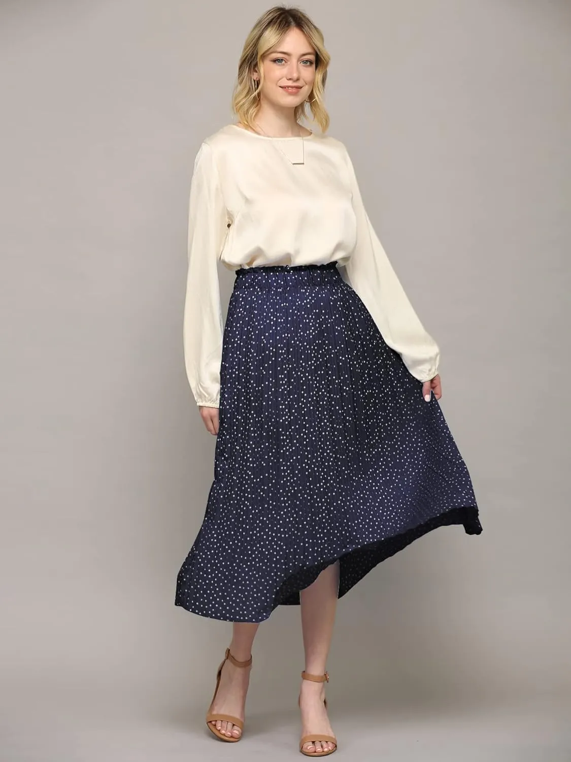 Lock and Love Womens High Waist Polka Dot Pleated Midi Swing Skirt with Pockets