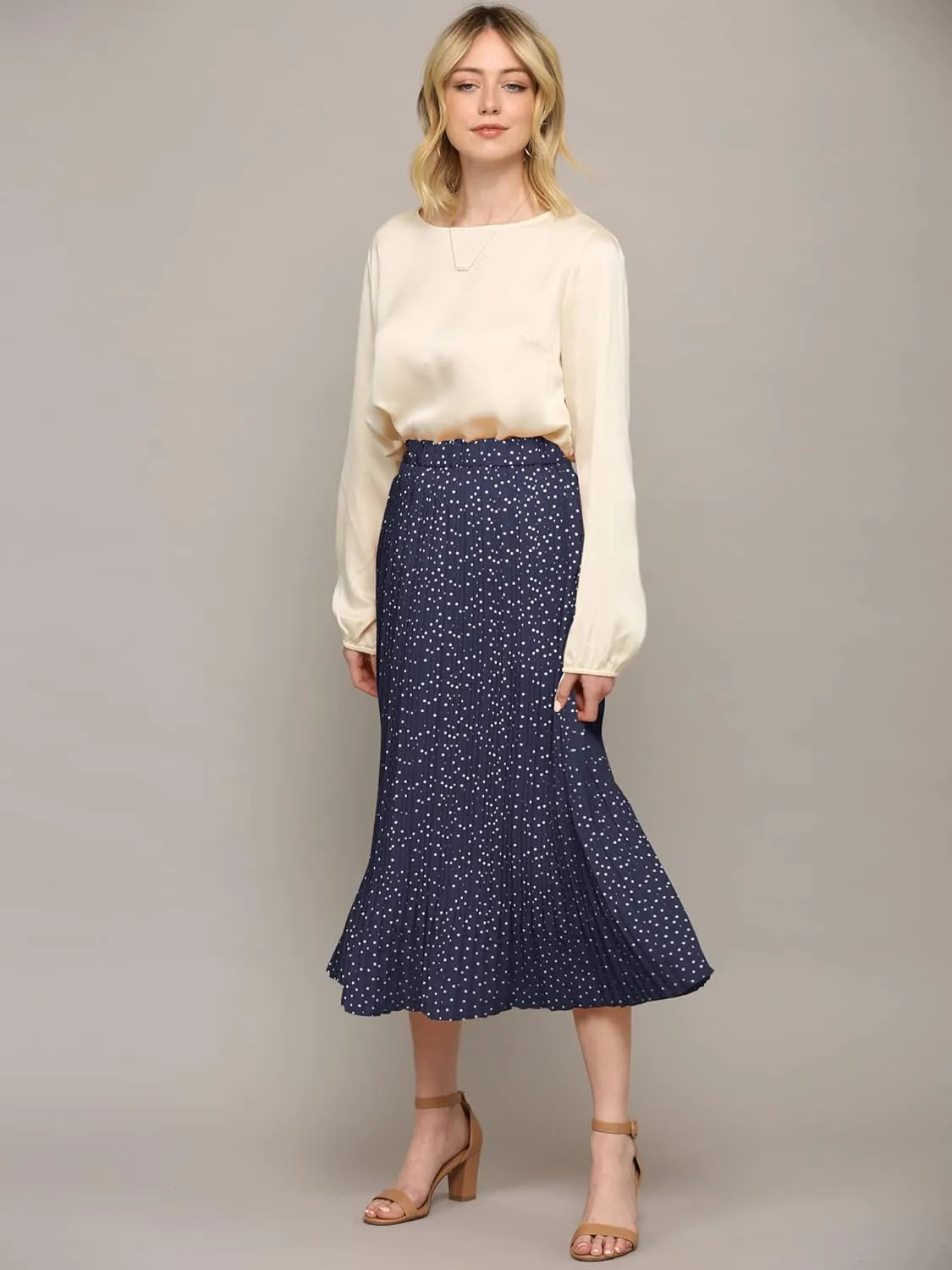 Lock and Love Womens High Waist Polka Dot Pleated Midi Swing Skirt with Pockets