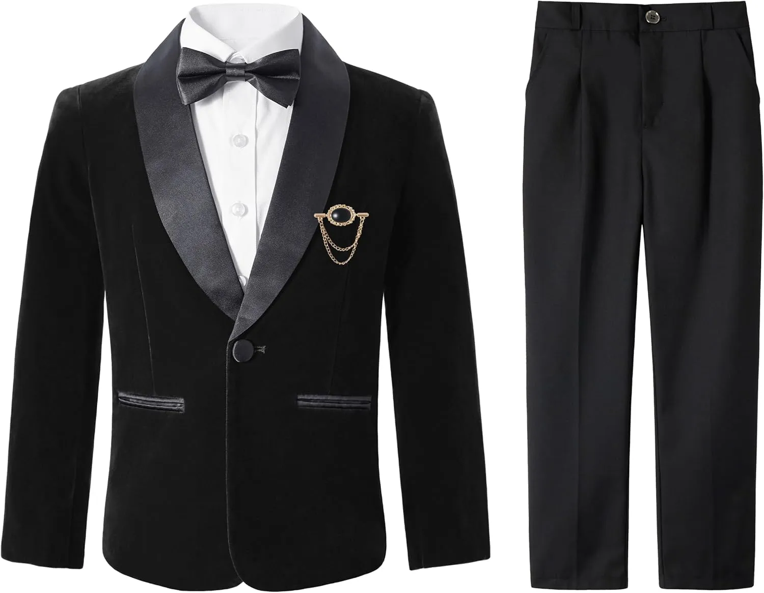 LOLANTA Boys 4 Piece Velvet Suit Formal Tuxedo Kids Slim Fit Blazer Dress Shirt Pants Outfit with Bow Tie