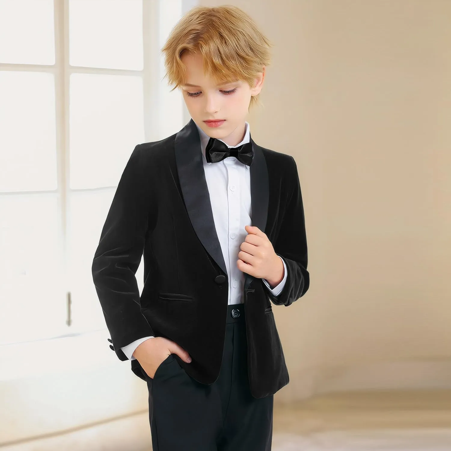 LOLANTA Boys 4 Piece Velvet Suit Formal Tuxedo Kids Slim Fit Blazer Dress Shirt Pants Outfit with Bow Tie