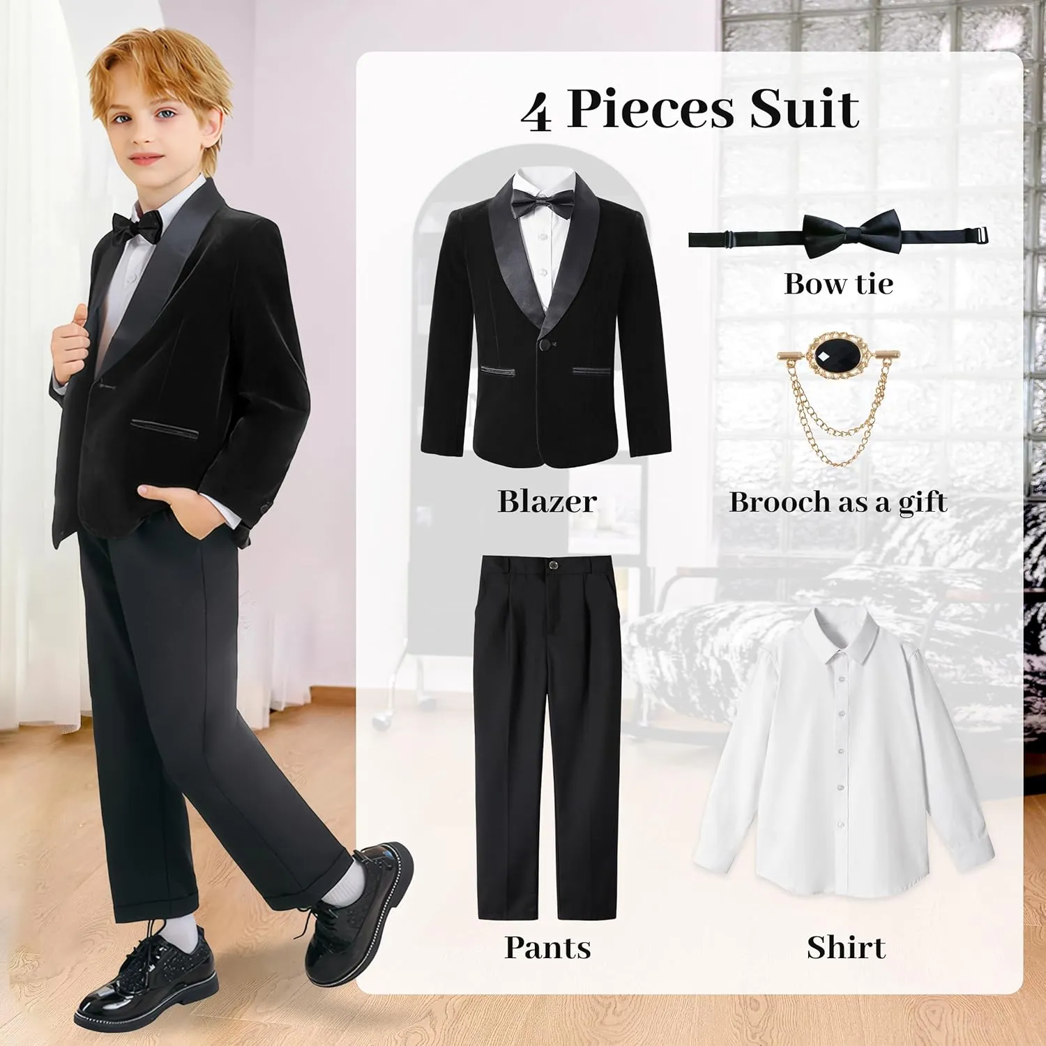 LOLANTA Boys 4 Piece Velvet Suit Formal Tuxedo Kids Slim Fit Blazer Dress Shirt Pants Outfit with Bow Tie
