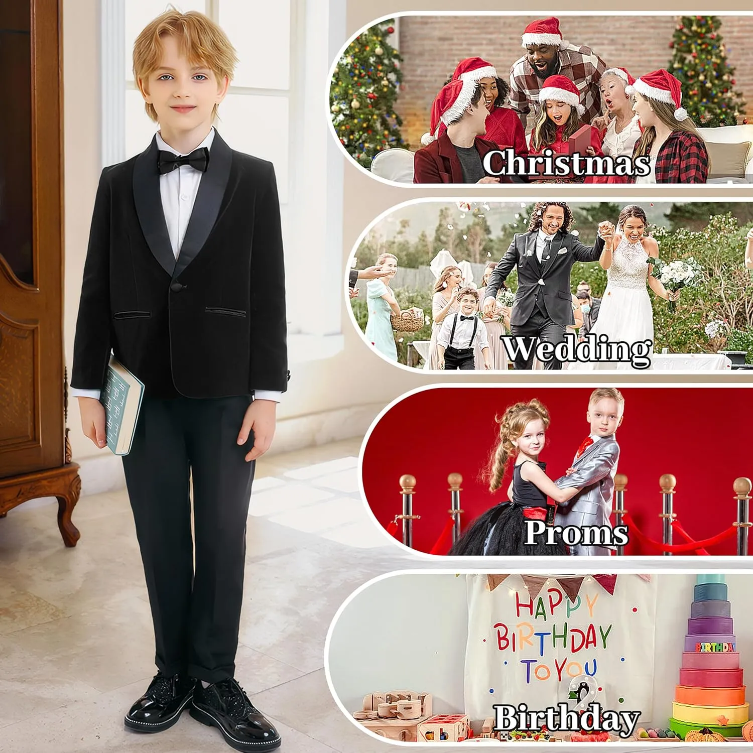 LOLANTA Boys 4 Piece Velvet Suit Formal Tuxedo Kids Slim Fit Blazer Dress Shirt Pants Outfit with Bow Tie