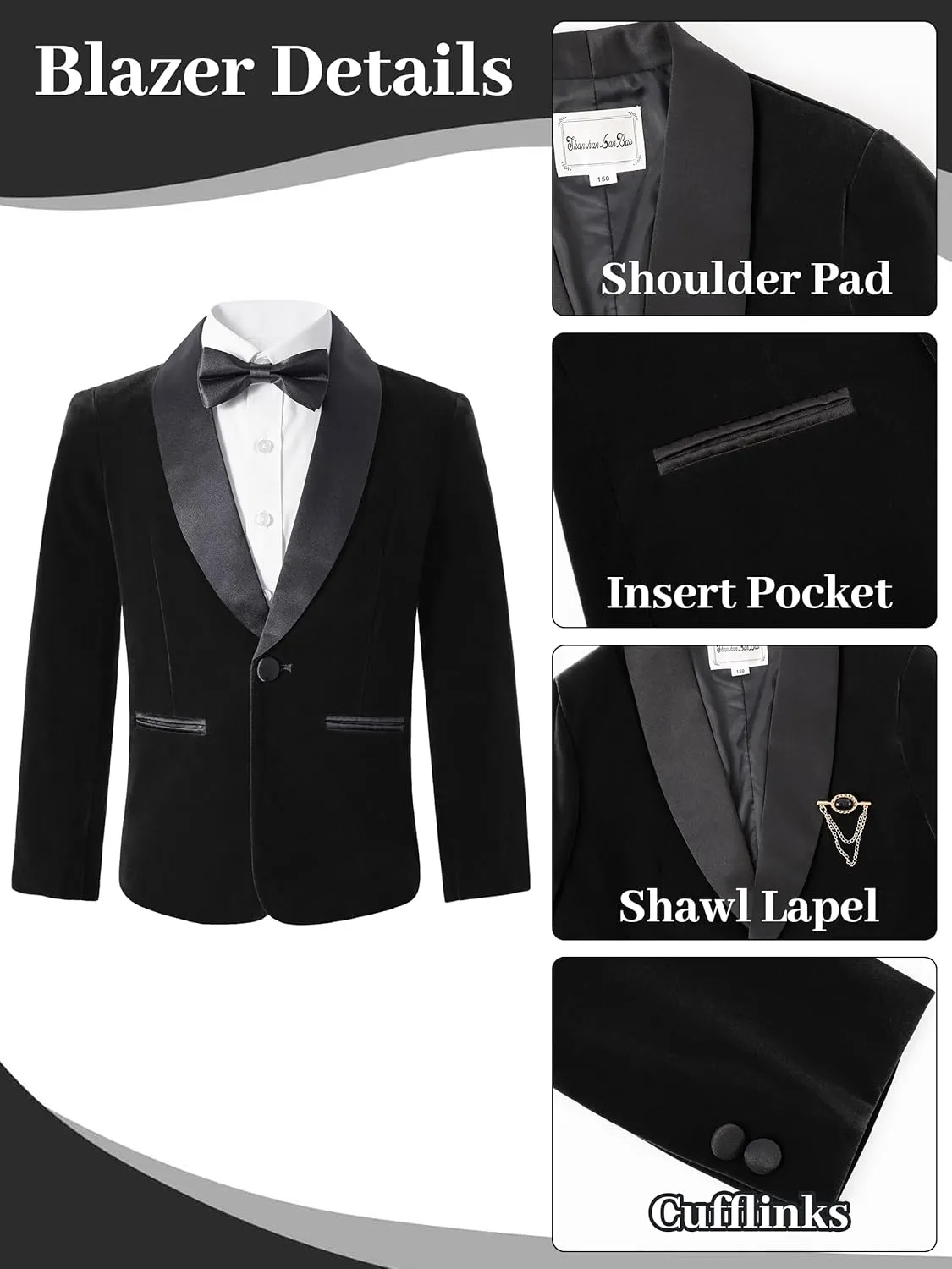 LOLANTA Boys 4 Piece Velvet Suit Formal Tuxedo Kids Slim Fit Blazer Dress Shirt Pants Outfit with Bow Tie