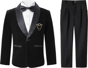 LOLANTA Boys 4 Piece Velvet Suit Formal Tuxedo Kids Slim Fit Blazer Dress Shirt Pants Outfit with Bow Tie