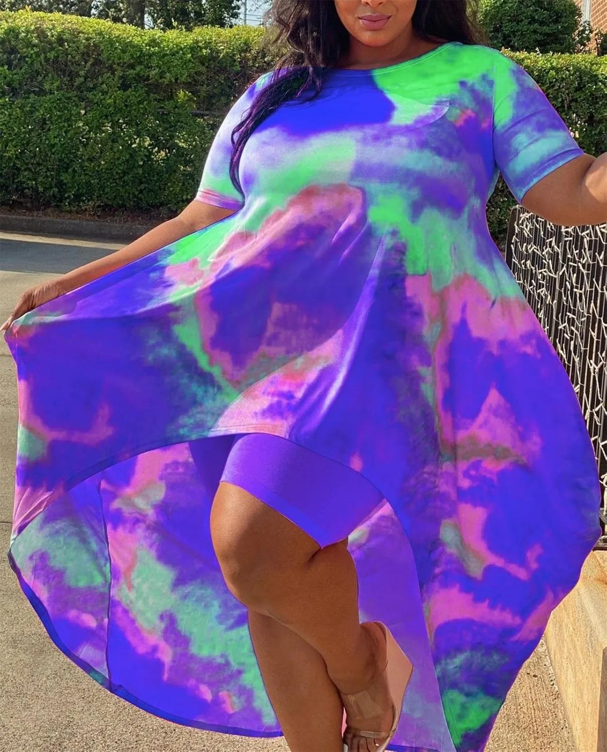 Lucuna Women's 2 Piece Summer Outfits Plus Size Short Sets Tie Dye Irregular Shirt Dress Shorts Sweatsuit