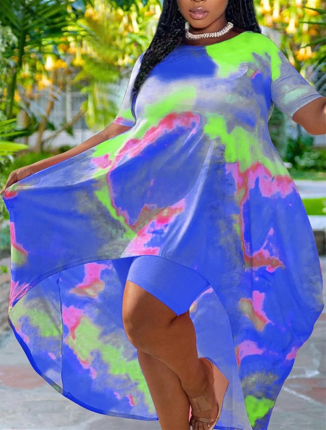 Lucuna Women's 2 Piece Summer Outfits Plus Size Short Sets Tie Dye Irregular Shirt Dress Shorts Sweatsuit
