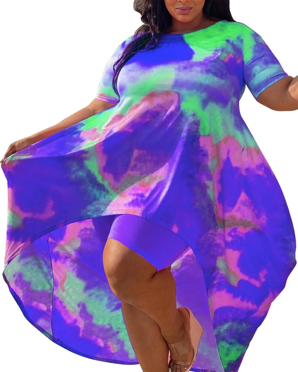 Lucuna Women's 2 Piece Summer Outfits Plus Size Short Sets Tie Dye Irregular Shirt Dress Shorts Sweatsuit