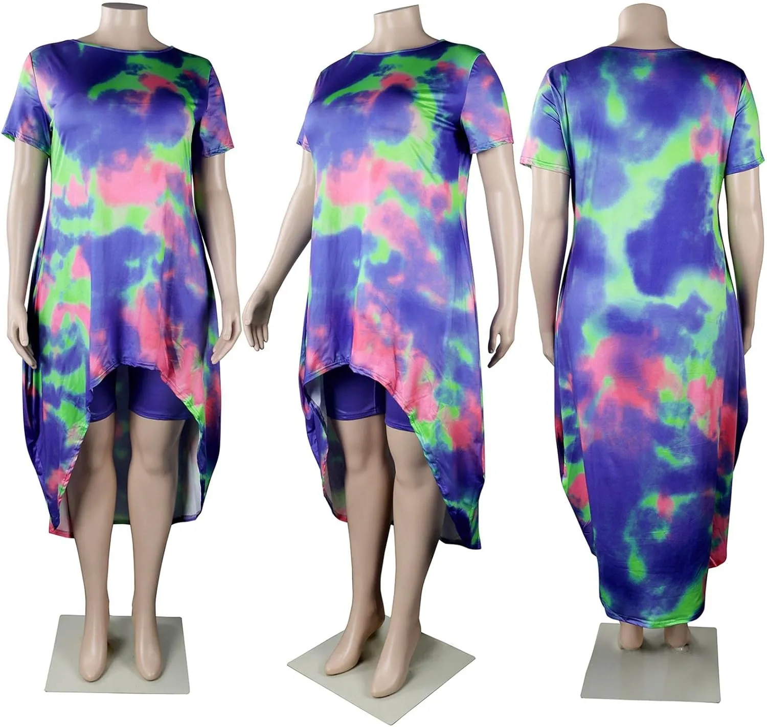 Lucuna Women's 2 Piece Summer Outfits Plus Size Short Sets Tie Dye Irregular Shirt Dress Shorts Sweatsuit