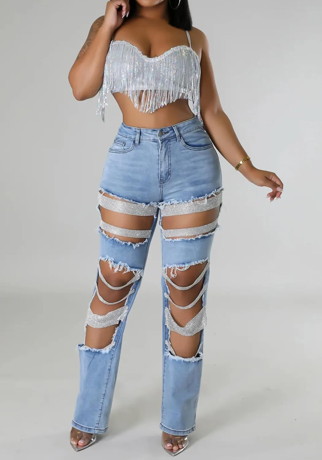 Lucuna Women's Rhinestone Ripped Jeans High Waist Boyfriend Cutout Straight Leg Pearl Distressed Denim Pants