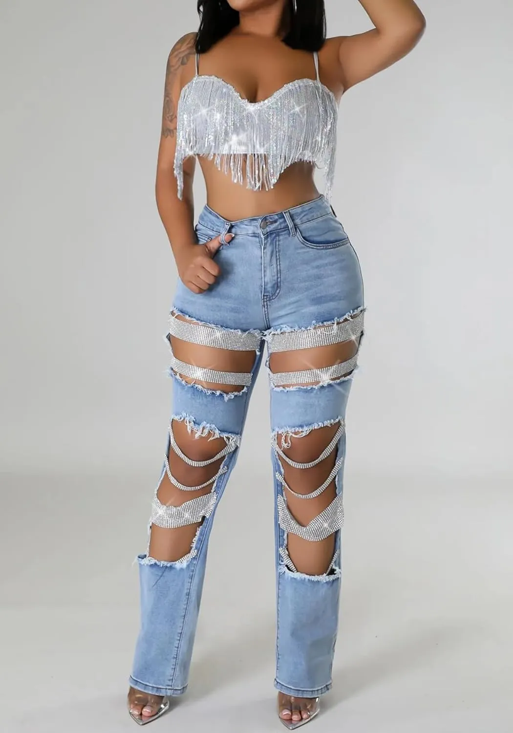 Lucuna Women's Rhinestone Ripped Jeans High Waist Boyfriend Cutout Straight Leg Pearl Distressed Denim Pants