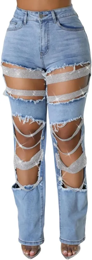 Lucuna Women's Rhinestone Ripped Jeans High Waist Boyfriend Cutout Straight Leg Pearl Distressed Denim Pants