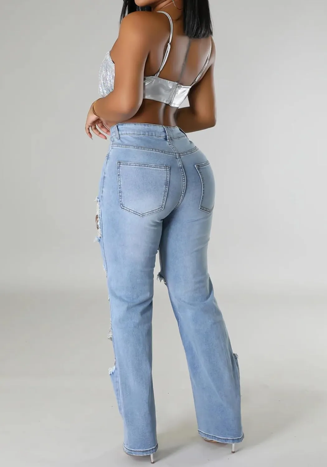 Lucuna Women's Rhinestone Ripped Jeans High Waist Boyfriend Cutout Straight Leg Pearl Distressed Denim Pants