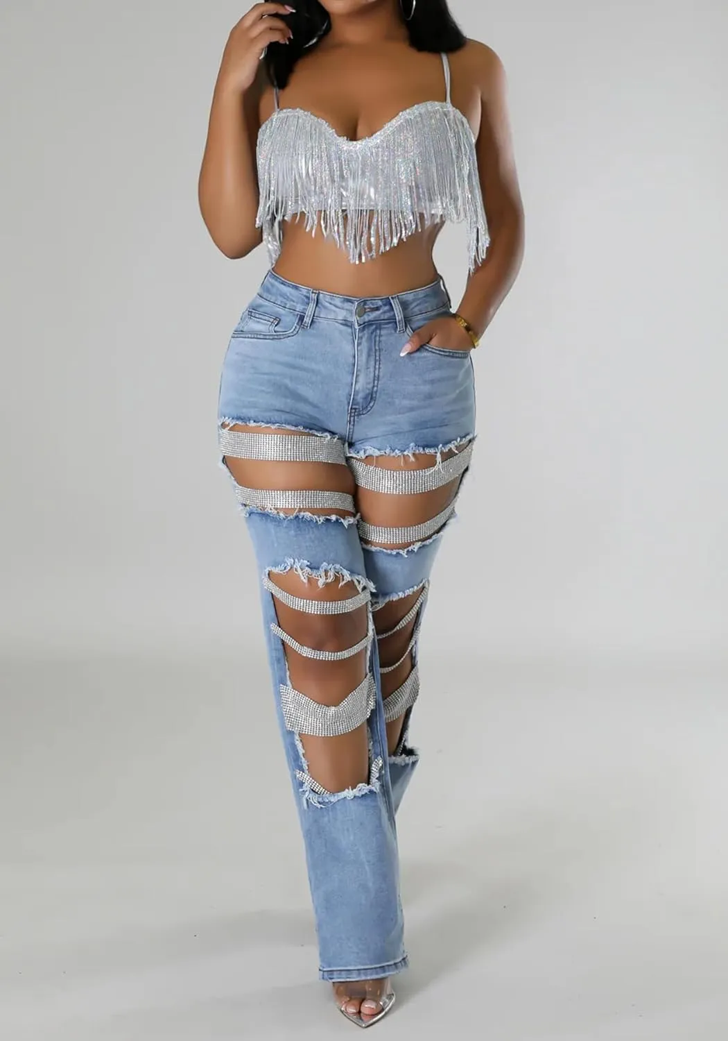 Lucuna Women's Rhinestone Ripped Jeans High Waist Boyfriend Cutout Straight Leg Pearl Distressed Denim Pants