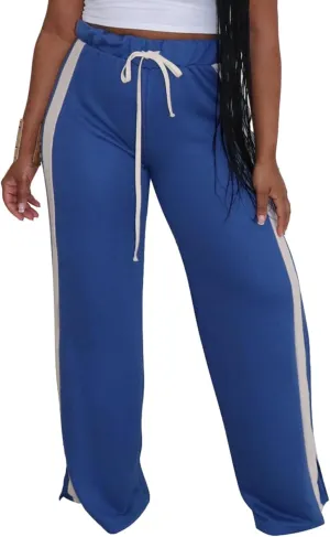 Lucuna Women's Wide Leg Sweatpants Striped High Waisted Drawstring Loose Straight Leg Lounge Baggy Pants