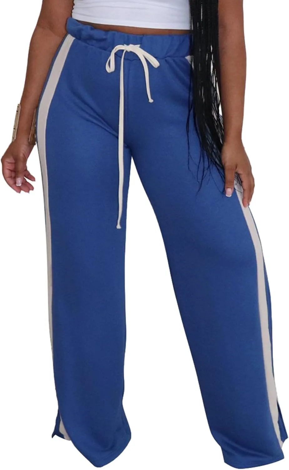 Lucuna Women's Wide Leg Sweatpants Striped High Waisted Drawstring Loose Straight Leg Lounge Baggy Pants