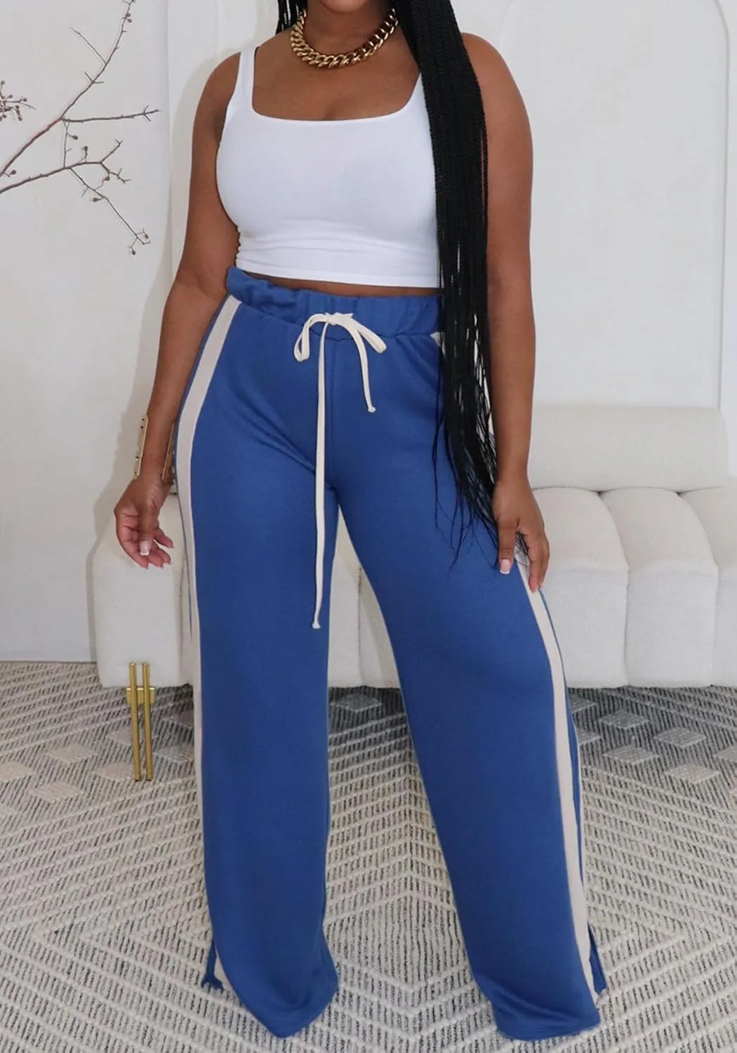 Lucuna Women's Wide Leg Sweatpants Striped High Waisted Drawstring Loose Straight Leg Lounge Baggy Pants