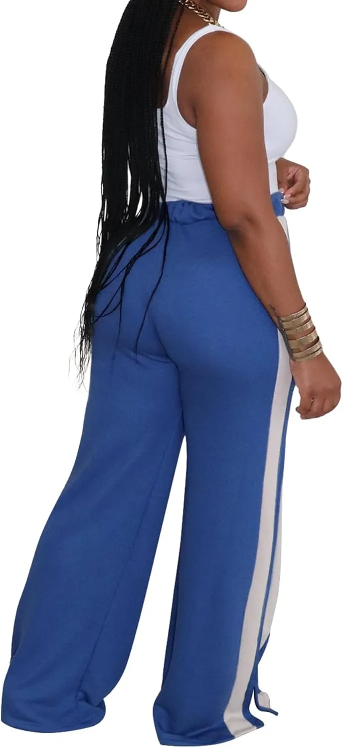 Lucuna Women's Wide Leg Sweatpants Striped High Waisted Drawstring Loose Straight Leg Lounge Baggy Pants