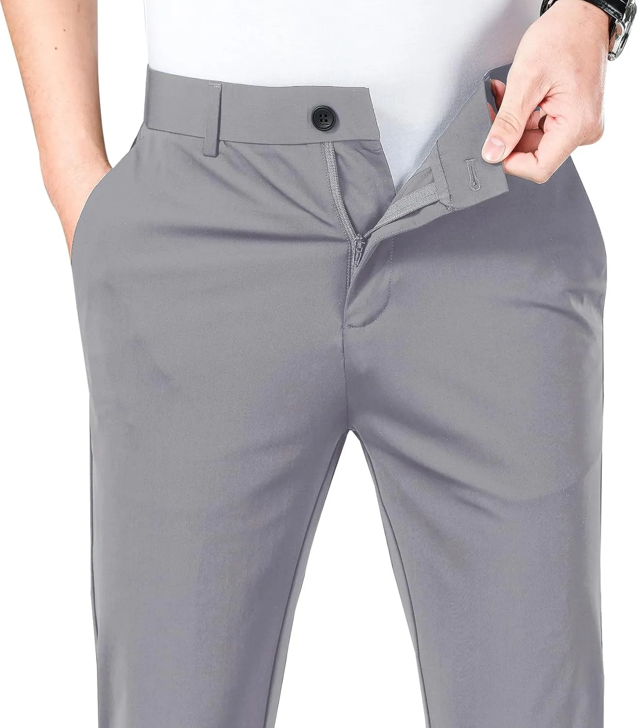 LUSHENUNI Men's Golf Pants Slim High Stretch, Ice Silk Dress Pants with Expandable-Waist Pants