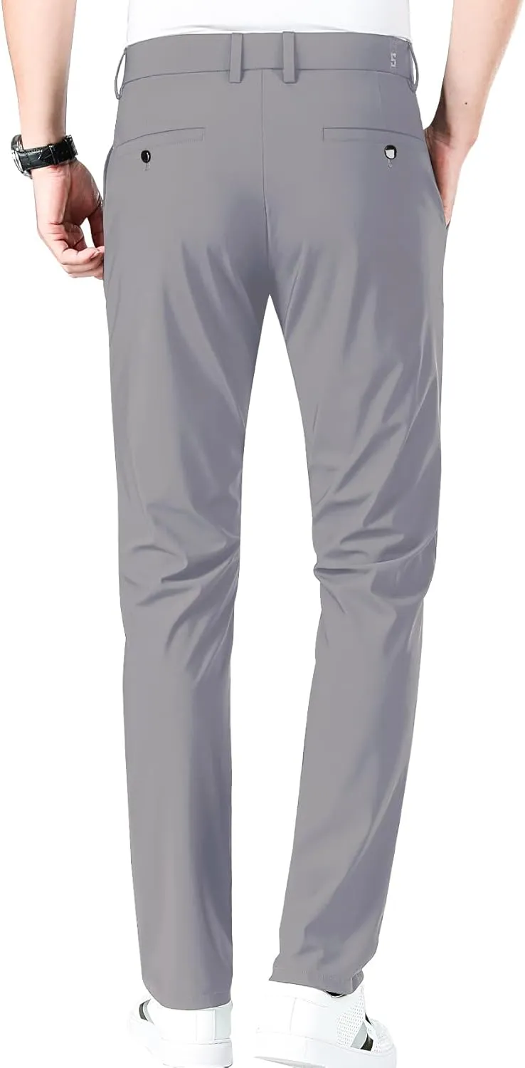 LUSHENUNI Men's Golf Pants Slim High Stretch, Ice Silk Dress Pants with Expandable-Waist Pants