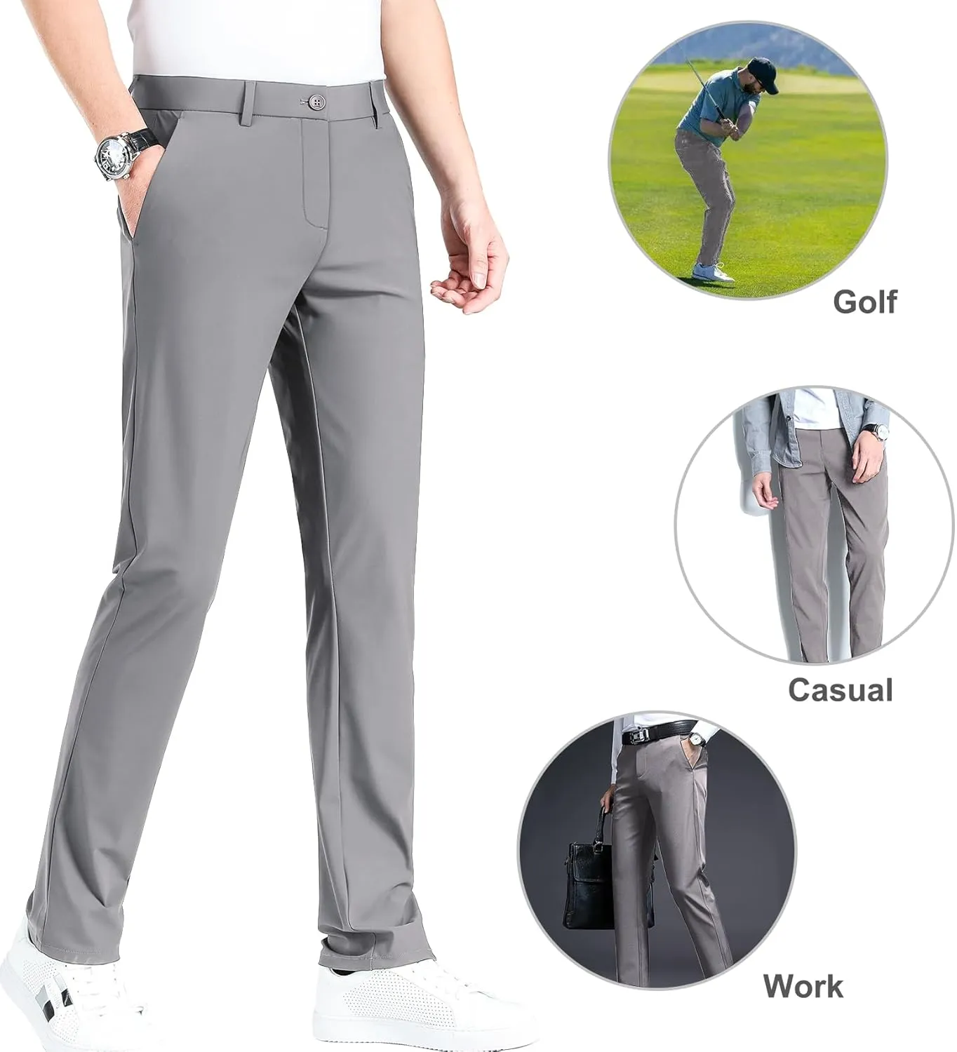 LUSHENUNI Men's Golf Pants Slim High Stretch, Ice Silk Dress Pants with Expandable-Waist Pants