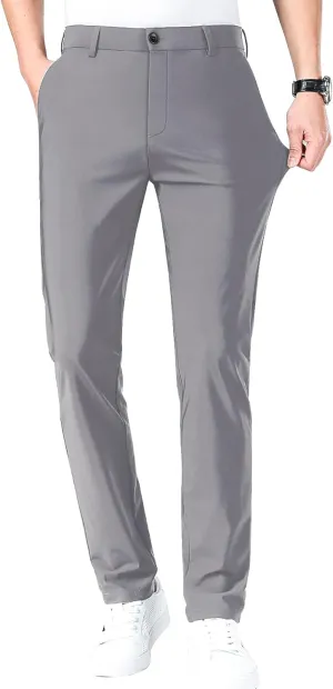 LUSHENUNI Men's Golf Pants Slim High Stretch, Ice Silk Dress Pants with Expandable-Waist Pants