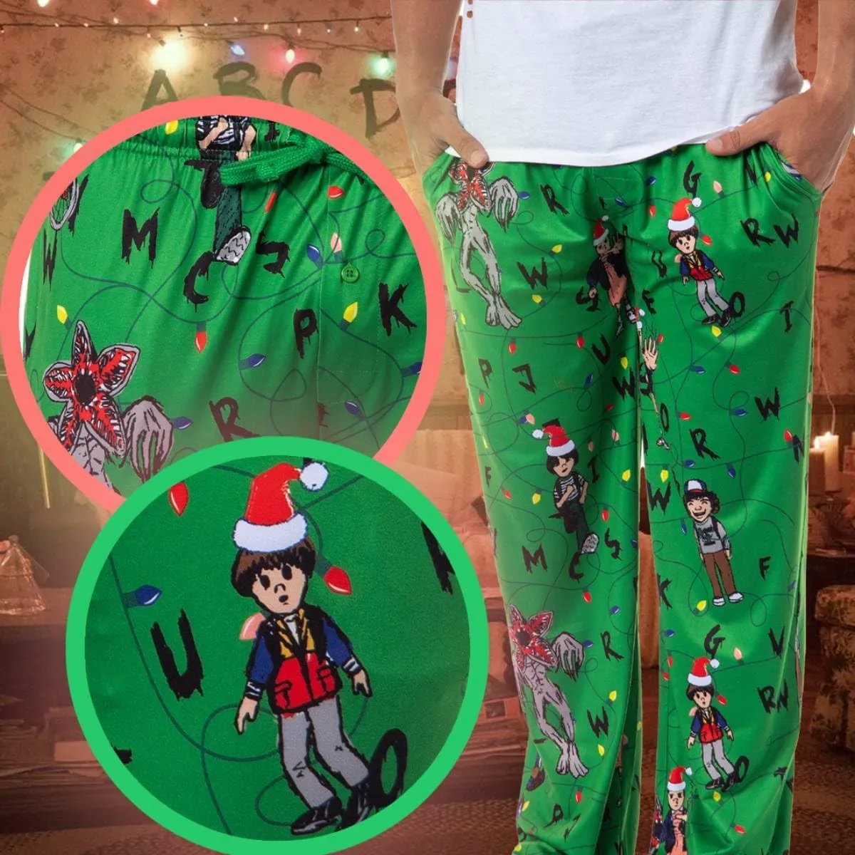 Mad Engine Stranger Things Men's Sketch Characters And Light Strings Adult Lounge Pajama Pants