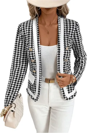 MakeMeChic Women's Open Front Button Decor Jacket Long Sleeve Work Office Blazer Coat