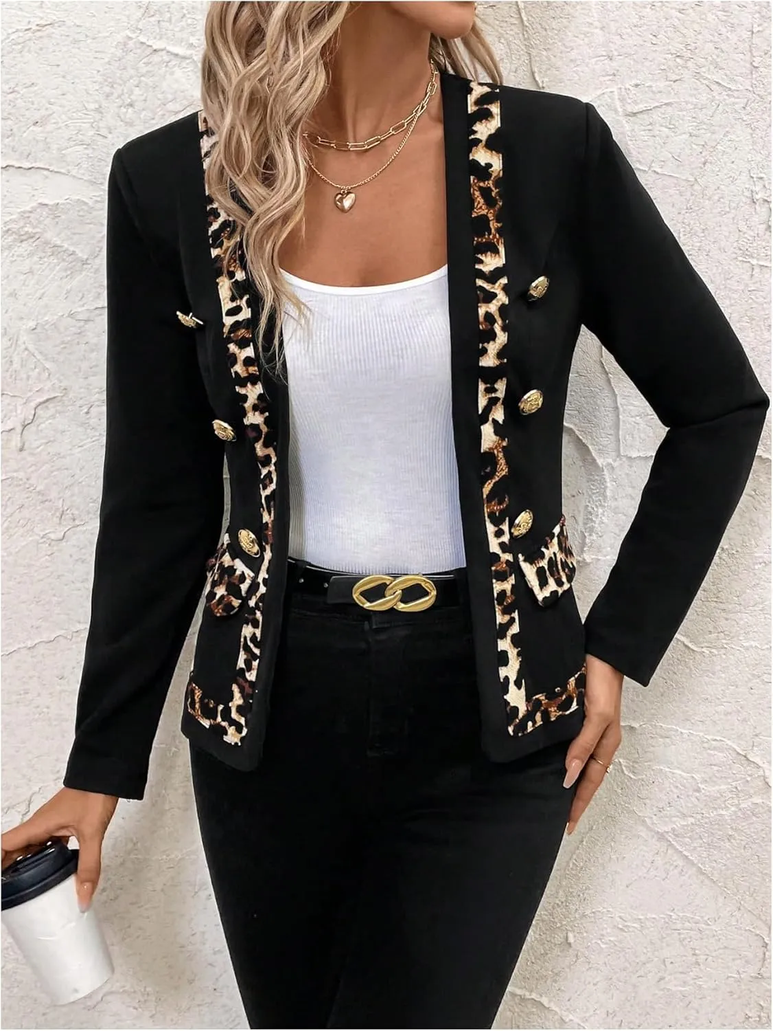 MakeMeChic Women's Open Front Button Decor Jacket Long Sleeve Work Office Blazer Coat